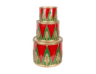 Décoration Noël tambour rouge vert doré motifs losanges lot de 3 tailles