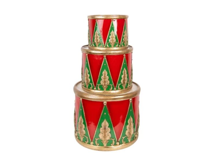 Décoration Noël tambour rouge vert doré motifs losanges lot de 3 tailles