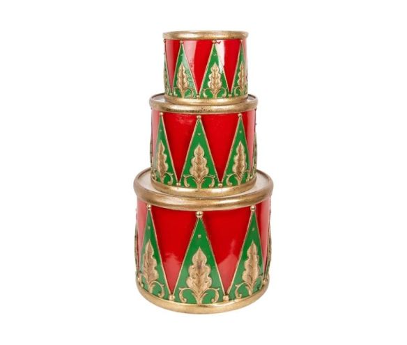 Décoration Noël tambour rouge vert doré motifs losanges lot de 3 tailles