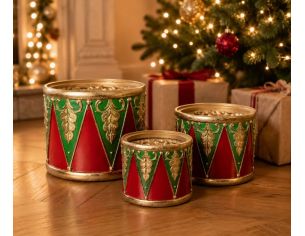 Décoration Noël tambour rouge vert doré motifs losanges lot de 3 tailles
