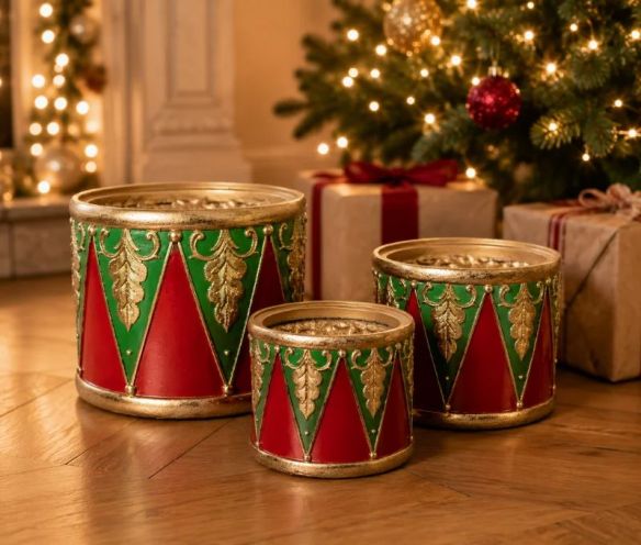 Décoration Noël tambour rouge vert doré motifs losanges lot de 3 tailles