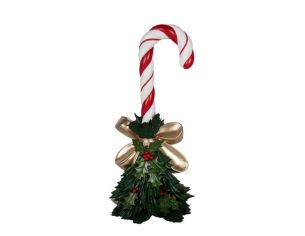 Décoration Noël canne sucre d'orge rouge houx nœud doré H91cm