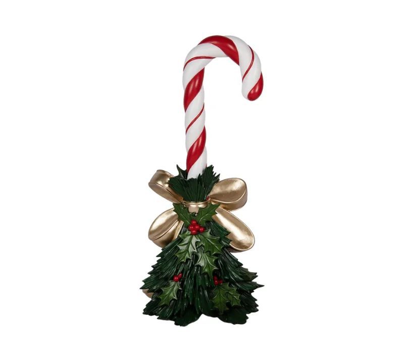 Décoration Noël canne sucre d'orge rouge houx nœud doré H91cm