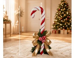 Décoration Noël canne sucre d'orge rouge houx nœud doré H91cm