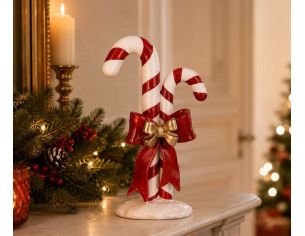 Décoration Noël deux cannes sucre d'orge nœud rouge doré socle neige H26cm