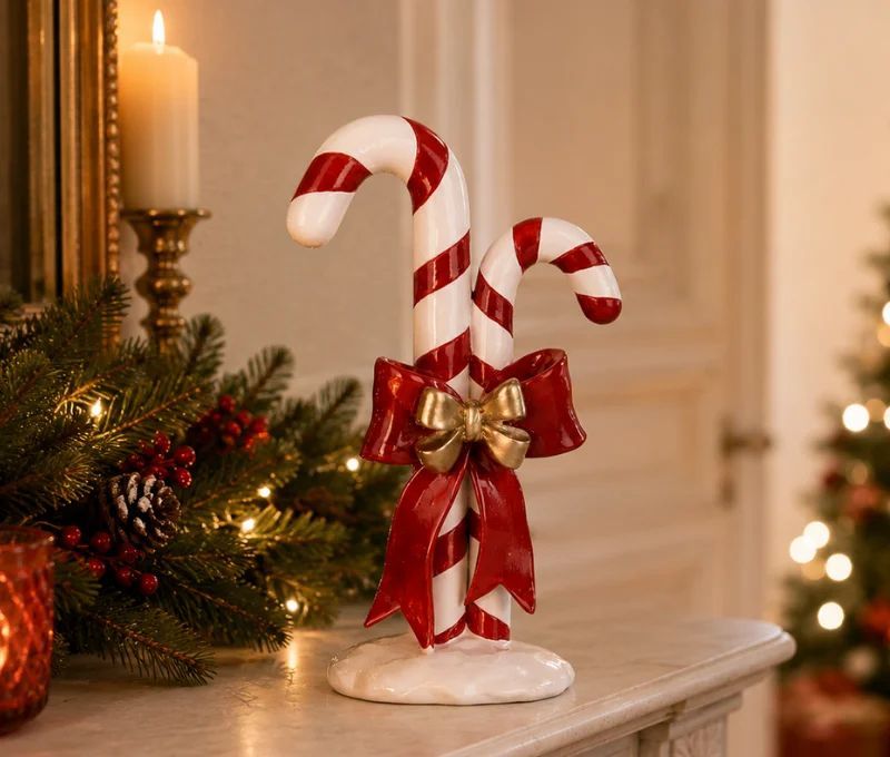 Décoration Noël deux cannes sucre d'orge nœud rouge doré socle neige H26cm