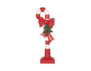 Décoration Noël canne sucre d'orge rouge nœud houx socle rouge H39cm
