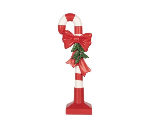 Décoration Noël canne sucre d'orge rouge nœud houx socle rouge H39cm