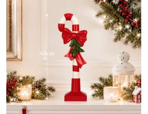 Décoration Noël canne sucre d'orge rouge nœud houx socle rouge H39cm