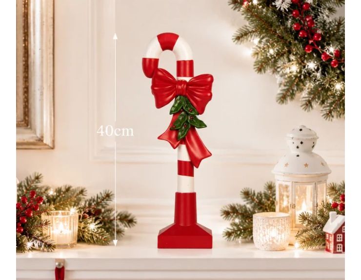Décoration Noël canne sucre d'orge rouge nœud houx socle rouge H39cm