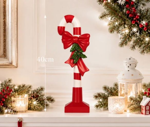 Décoration Noël canne sucre d'orge rouge nœud houx socle rouge H39cm