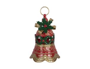 Décoration Noël cloche métal rouge doré houx anneau suspension Ø21cm H29cm