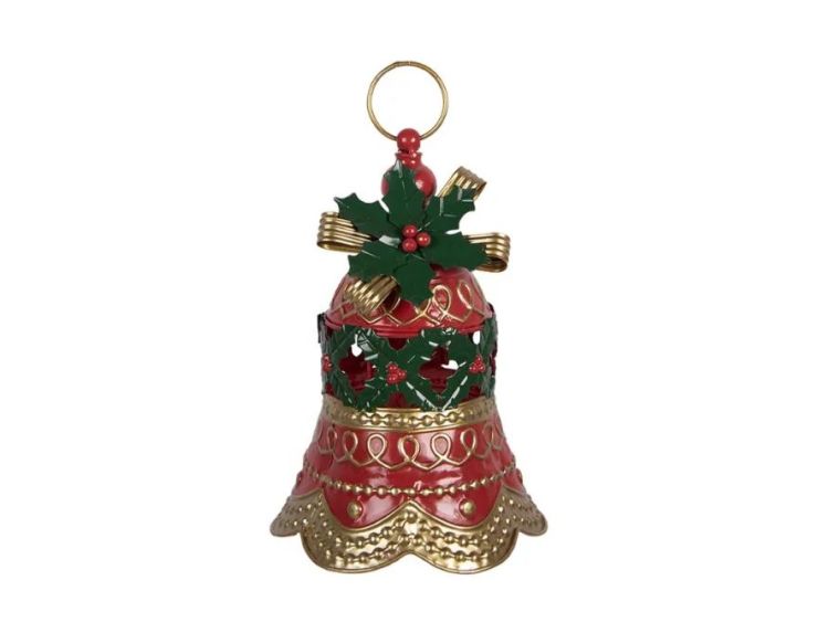 Décoration Noël cloche métal rouge doré houx anneau suspension Ø21cm H29cm