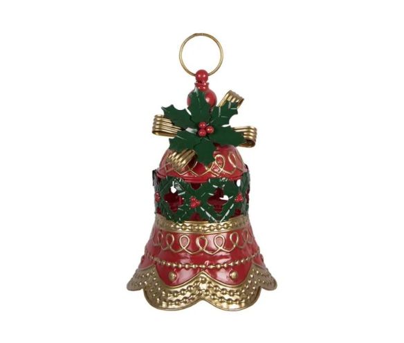 Décoration Noël cloche métal rouge doré houx anneau suspension Ø21cm H29cm