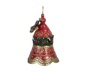 Décoration Noël cloche métal rouge doré houx anneau suspension Ø21cm H29cm