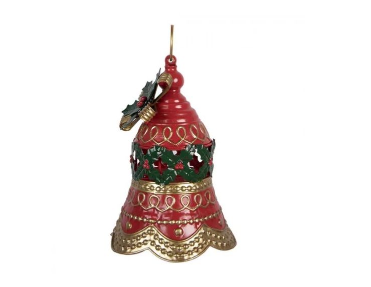 Décoration Noël cloche métal rouge doré houx anneau suspension Ø21cm H29cm