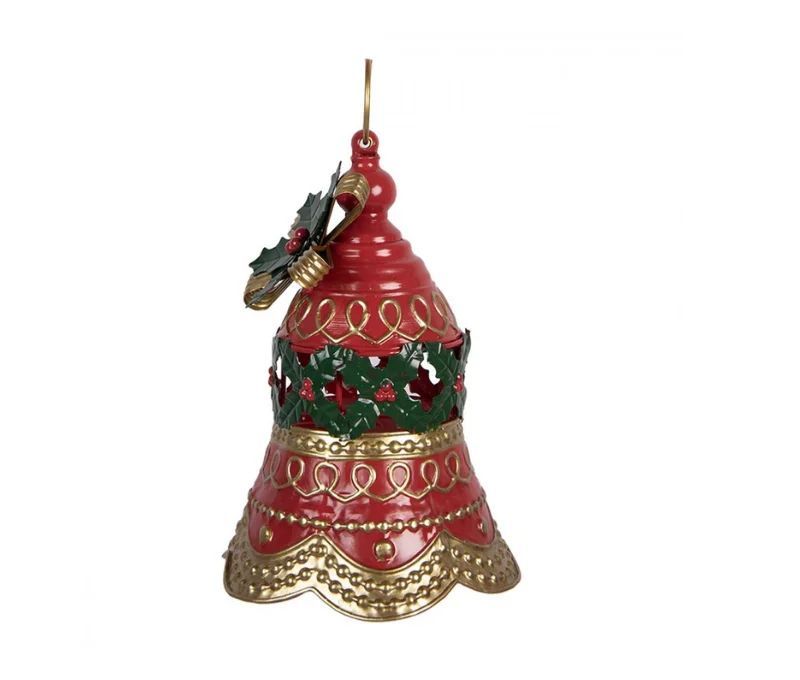Décoration Noël cloche métal rouge doré houx anneau suspension Ø21cm H29cm