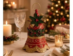Décoration Noël cloche métal rouge doré houx anneau suspension Ø21cm H29cm