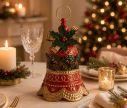 Voir la slide Décoration Noël cloche métal rouge doré houx anneau suspension Ø21cm H29cm