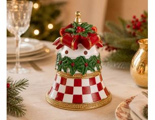 Décoration Noël cloche damier rouge blanc houx nœud doré Ø16cm