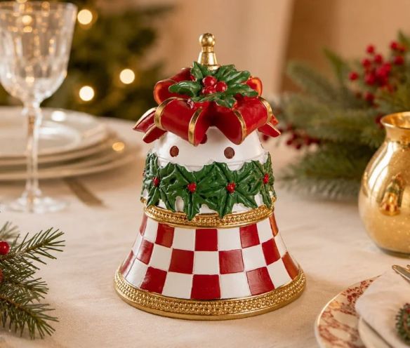Décoration Noël cloche damier rouge blanc houx nœud doré Ø16cm
