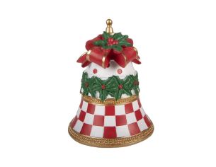 Décoration Noël cloche damier rouge blanc houx nœud doré Ø16cm
