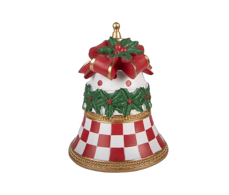 Décoration Noël cloche damier rouge blanc houx nœud doré Ø16cm