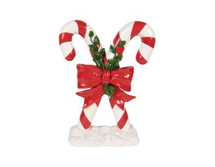 Décoration Noël deux cannes sucre d'orge rouge nœud houx socle neige H25cm