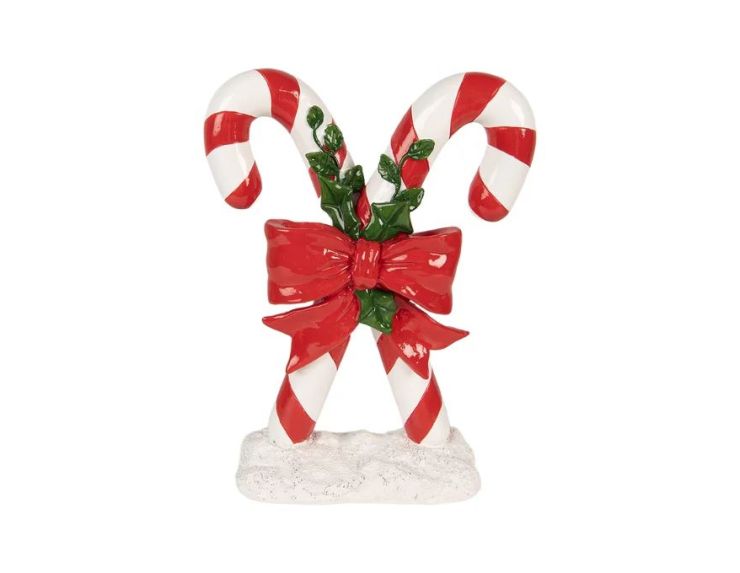 Décoration Noël deux cannes sucre d'orge rouge nœud houx socle neige H25cm