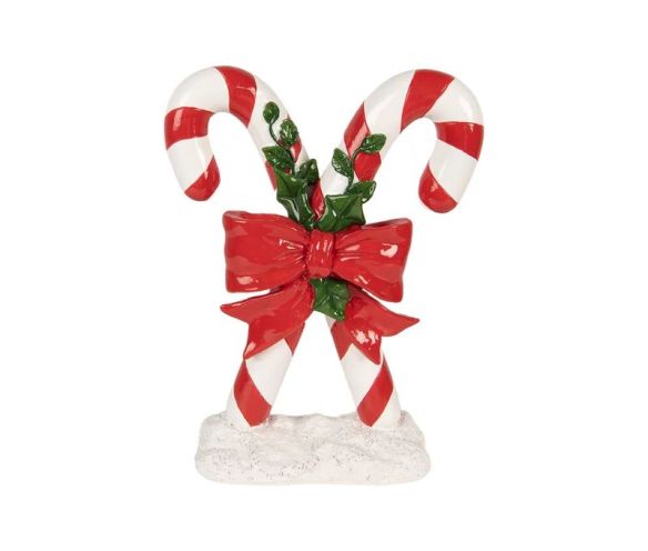 Décoration Noël deux cannes sucre d'orge rouge nœud houx socle neige H25cm