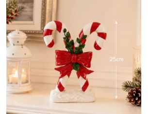 Décoration Noël deux cannes sucre d'orge rouge nœud houx socle neige H25cm