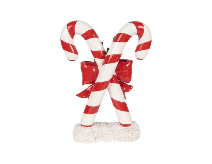 Décoration Noël deux cannes sucre d'orge rouge nœud houx socle neige H25cm