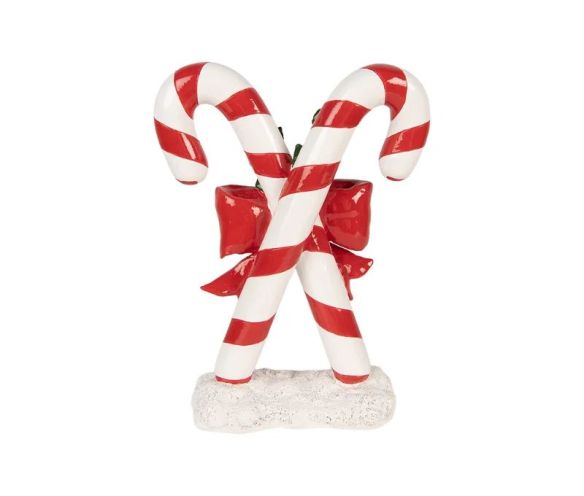 Décoration Noël deux cannes sucre d'orge rouge nœud houx socle neige H25cm