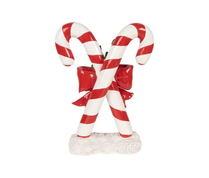 Décoration Noël deux cannes sucre d'orge rouge nœud houx socle neige H25cm