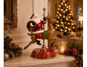 Décoration Père Noël sur renne carrousel socle rouge doré H46cm