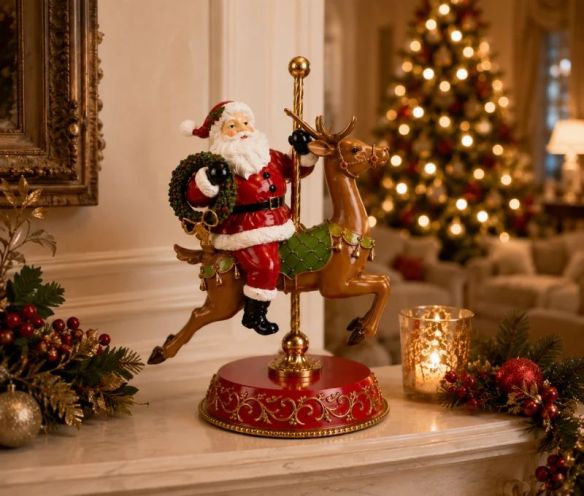 Décoration Père Noël sur renne carrousel socle rouge doré H46cm