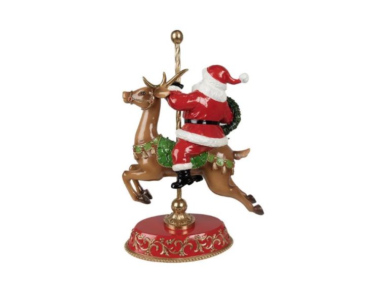 Décoration Père Noël sur renne carrousel socle rouge doré H46cm