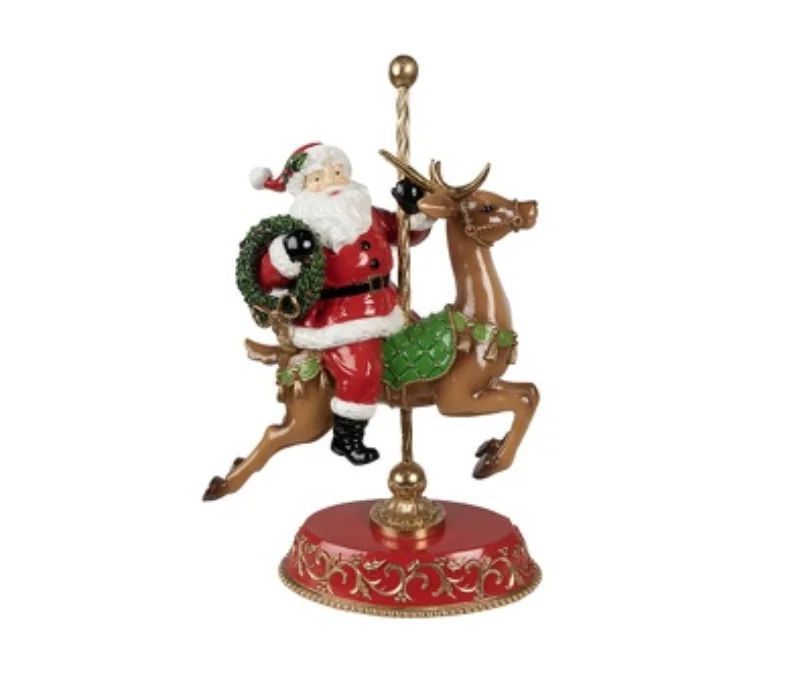 Décoration Père Noël sur renne carrousel socle rouge doré H46cm