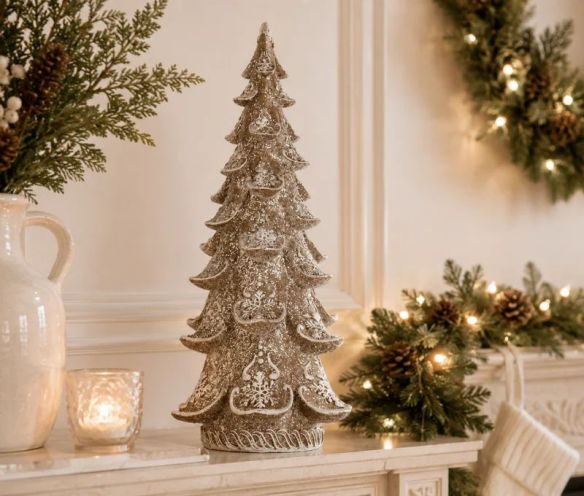 Décoration sapin de Noël brun effet neige motifs flocons H30cm