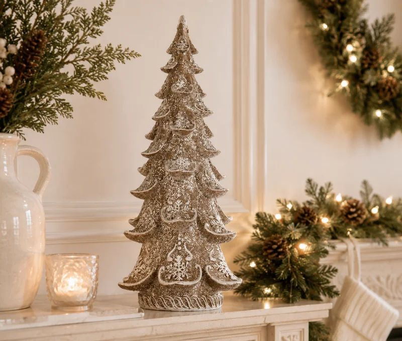 Décoration sapin de Noël brun effet neige motifs flocons H30cm