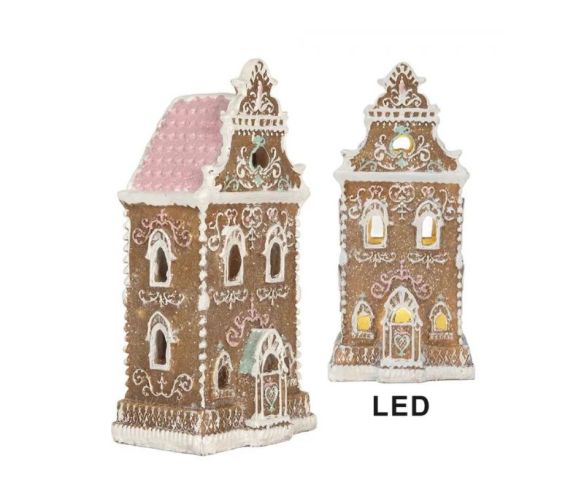 Maison pain d'épices marron pastel LED fenêtres lumineuses H18cm