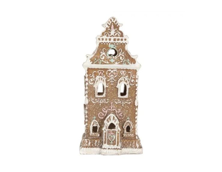 Maison pain d'épices marron pastel LED fenêtres lumineuses H18cm