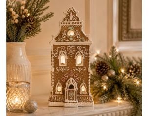 Maison pain d'épices marron pastel LED fenêtres lumineuses H18cm