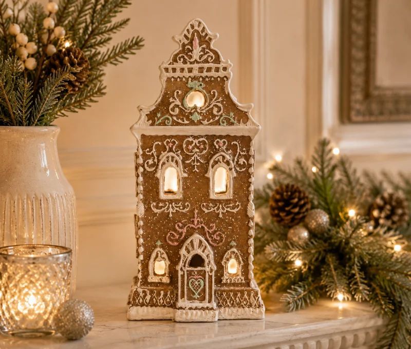 Maison pain d'épices marron pastel LED fenêtres lumineuses H18cm