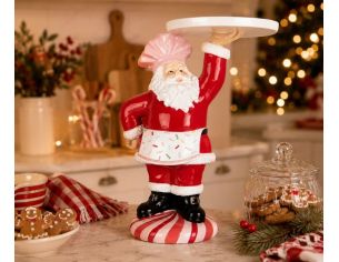 Décoration Père Noël pâtissier plateau blanc tablier confettis socle rayé H27cm