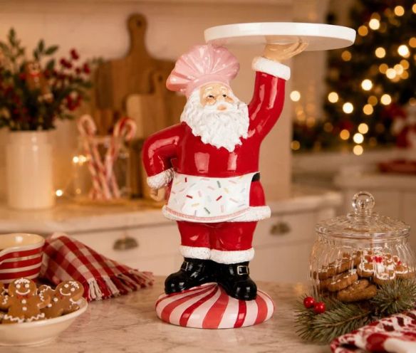 Décoration Père Noël pâtissier plateau blanc tablier confettis socle rayé H27cm