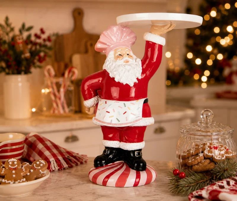 Décoration Père Noël pâtissier plateau blanc tablier confettis socle rayé H27cm