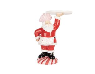 Décoration Père Noël pâtissier plateau blanc tablier confettis socle rayé H27cm