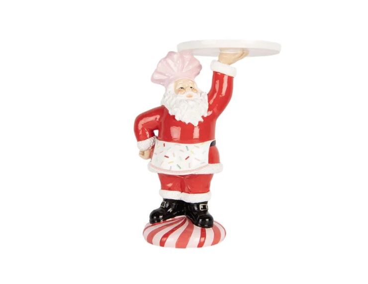 Décoration Père Noël pâtissier plateau blanc tablier confettis socle rayé H27cm