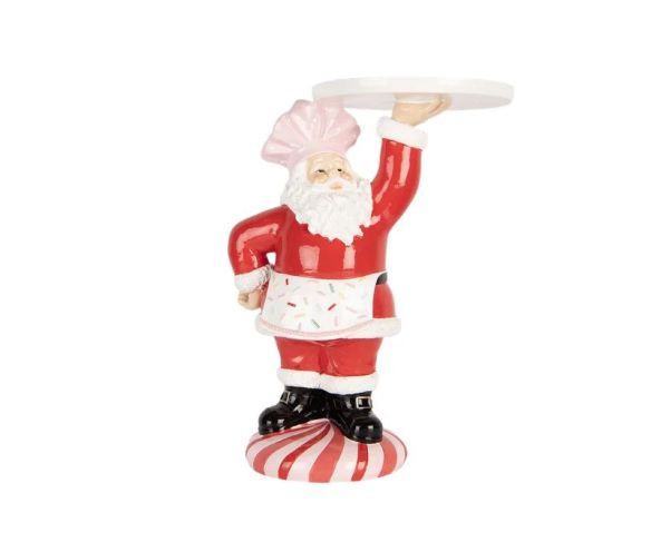 Décoration Père Noël pâtissier plateau blanc tablier confettis socle rayé H27cm